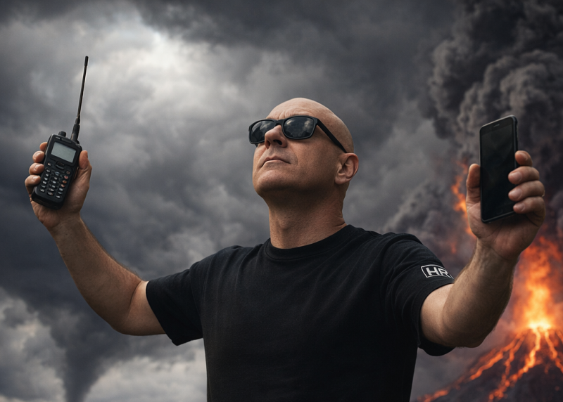 Amateur radio station with handheld transceiver and smartphone showing a digital mode app.